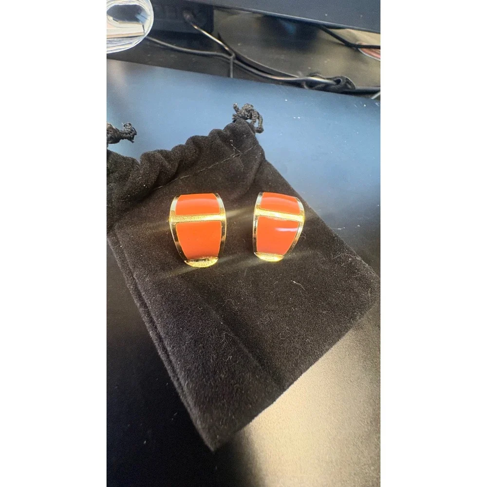 Vintage Christian Dior 1980s Modernist Hoop Clips, Persimmon Enamel & Gold Tone